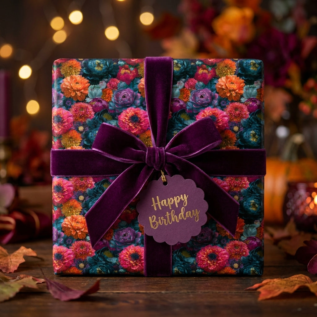 Luxury floral birthday wrapping paper with a purple velvet bow and birthday tag by Wrapped Studios.