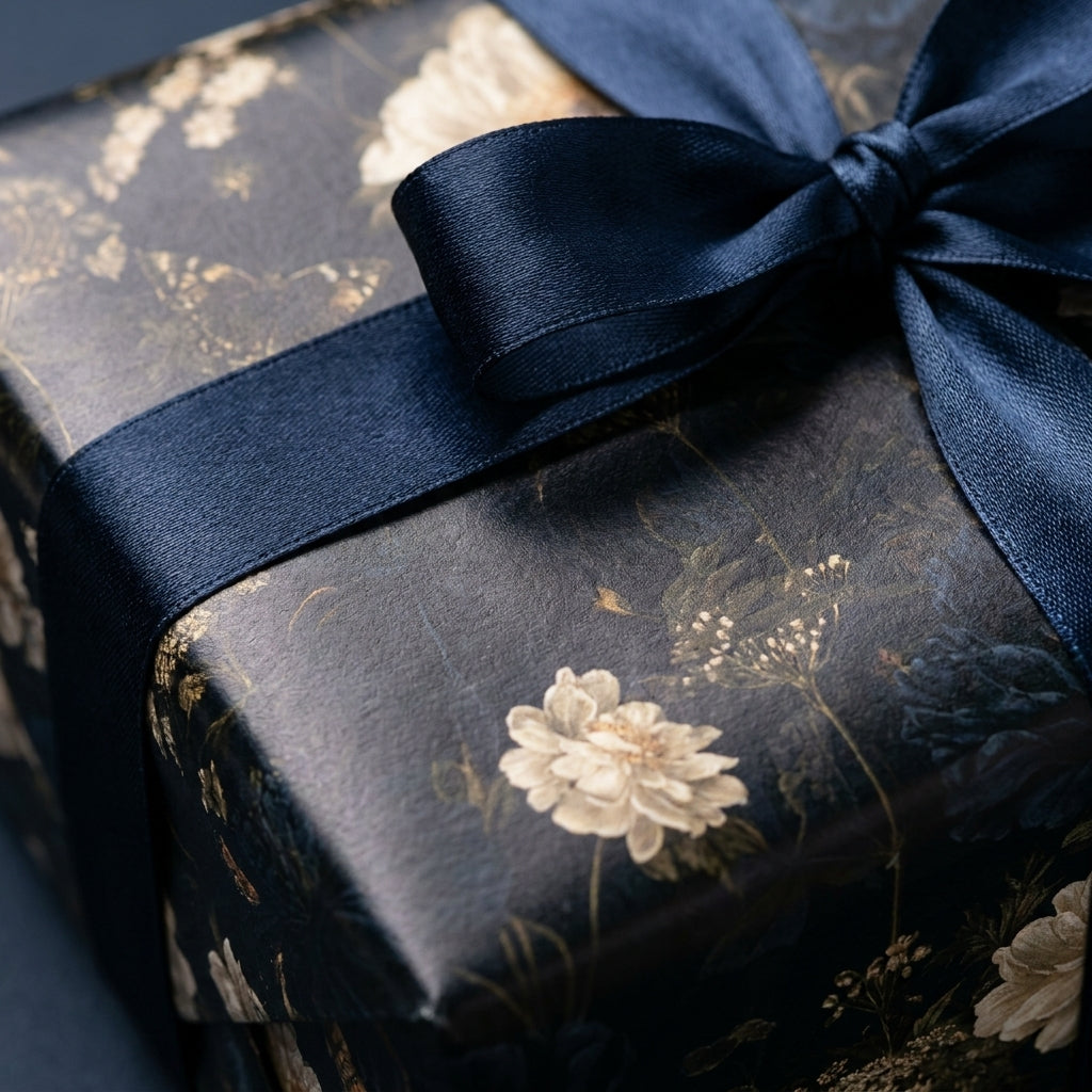 Luxury dark floral wrapping paper with cream flowers and navy satin ribbon by Wrapped Studios.