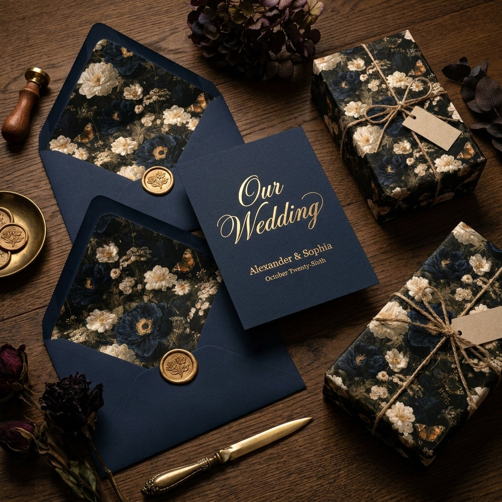 Luxury navy blue floral wedding wrapping paper and matching stationery by Wrapped Studios.