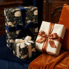 Moody floral wrapping paper and luxury cream gift wrap with elegant velvet ribbons by Wrapped Studios.