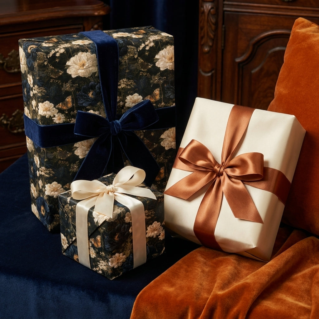 Moody floral wrapping paper and luxury cream gift wrap with elegant velvet ribbons by Wrapped Studios.