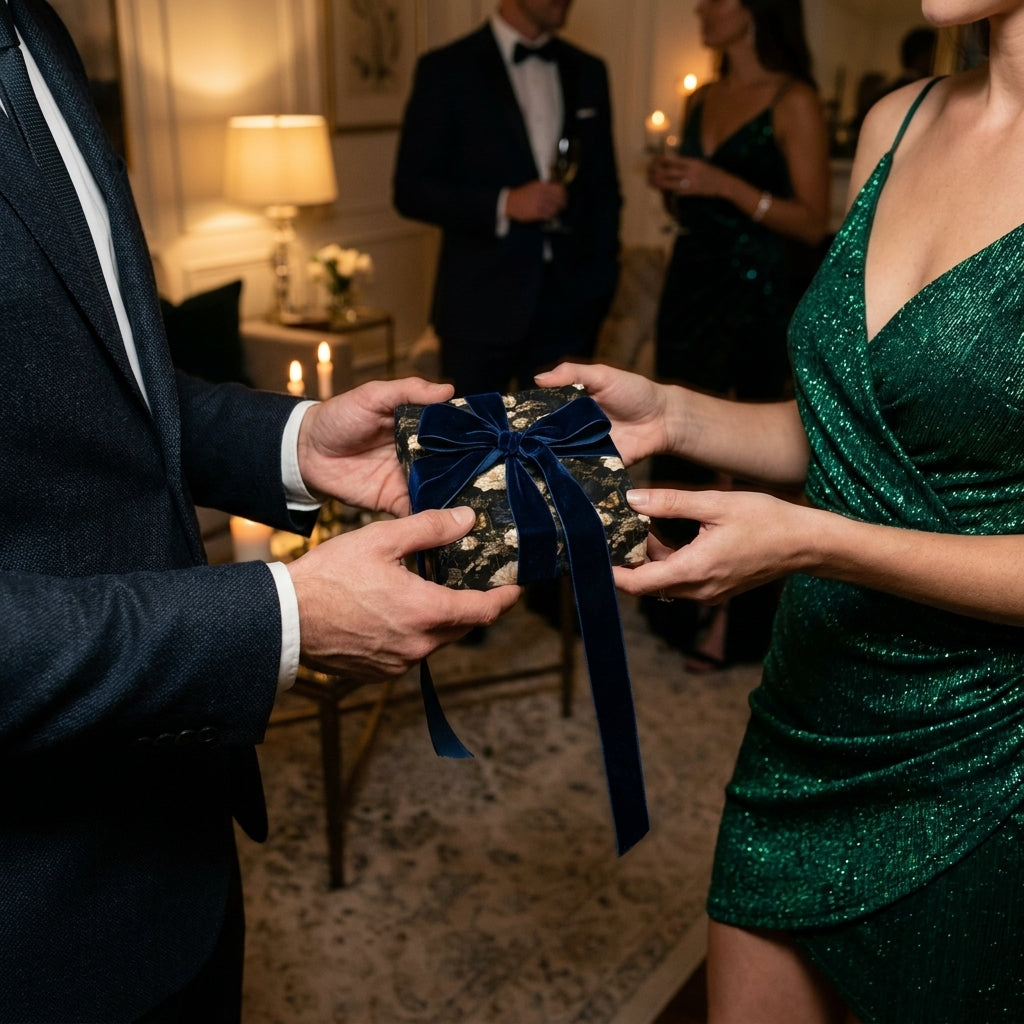 Luxury dark floral gift wrap with a navy velvet ribbon at an elegant holiday party by Wrapped Studios.