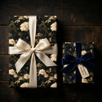 Luxury dark floral wrapping paper with satin and velvet bows on gifts by Wrapped Studios.