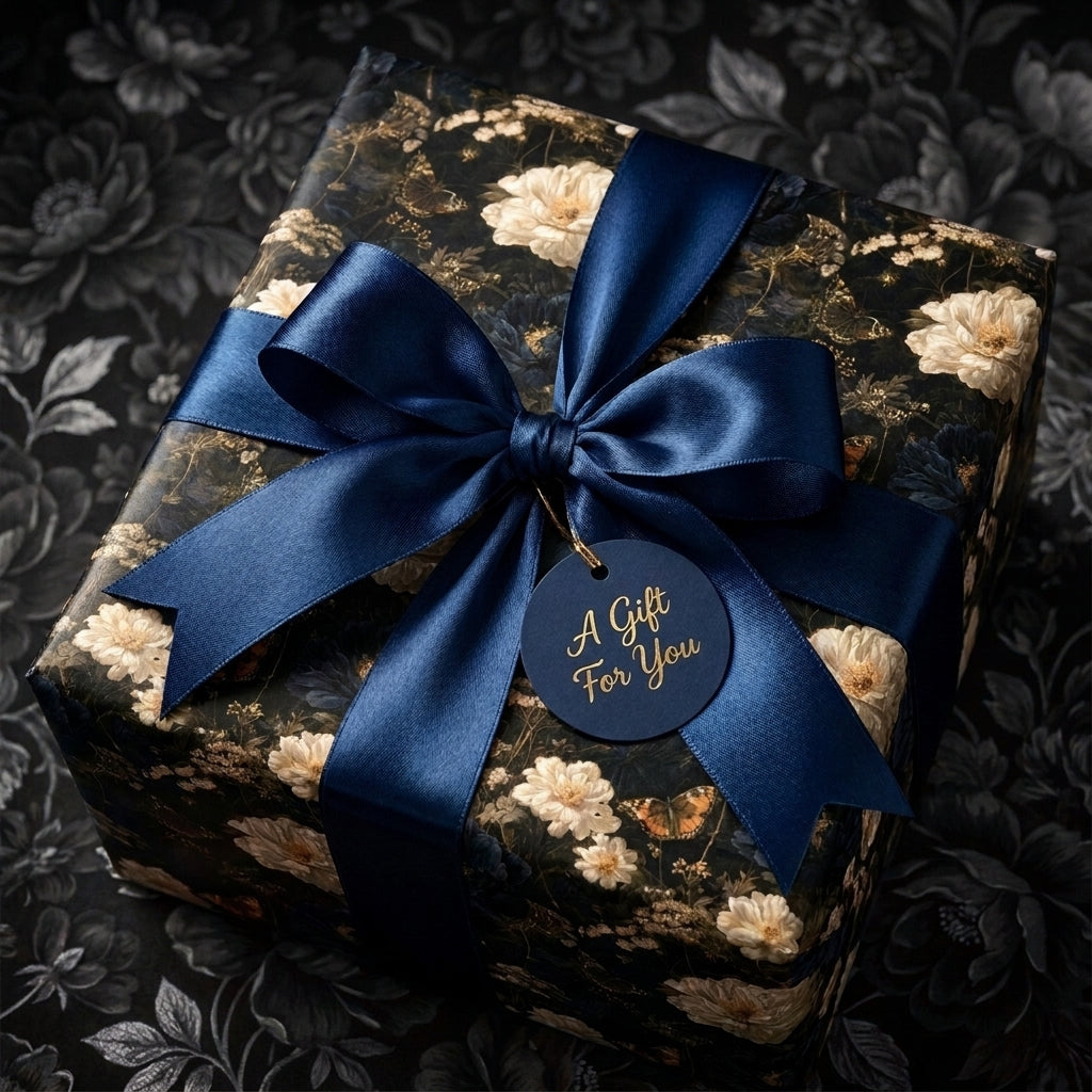 Luxury dark floral wrapping paper with a navy blue satin bow and gift tag from Wrapped Studios.
