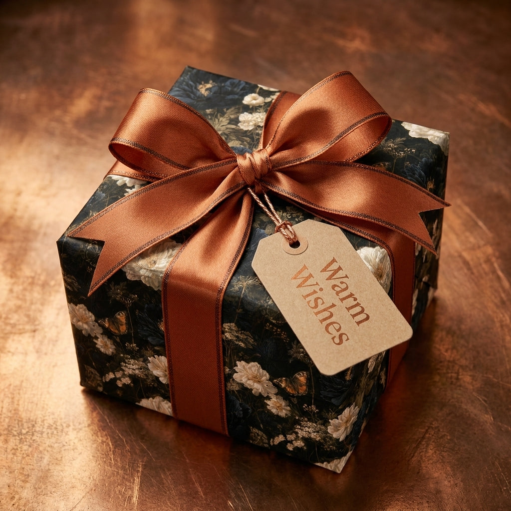 Luxury dark botanical wrapping paper with a copper satin ribbon and Warm Wishes tag by Wrapped Studios.