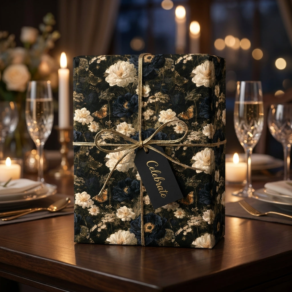 Luxury dark floral wrapping paper with a gold bow on a celebratory table setting by Wrapped Studios.