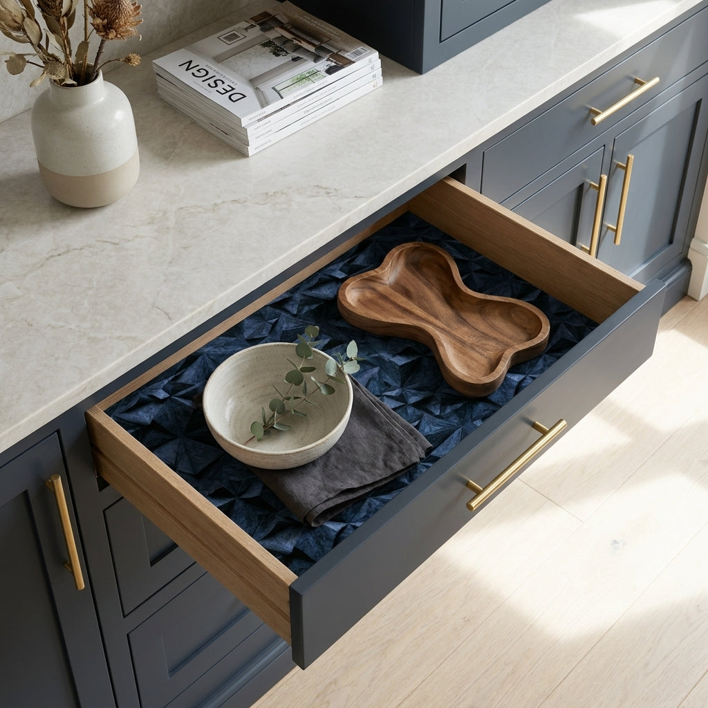 Luxury navy geometric wrapping paper styled as a drawer liner, by Wrapped Studios.