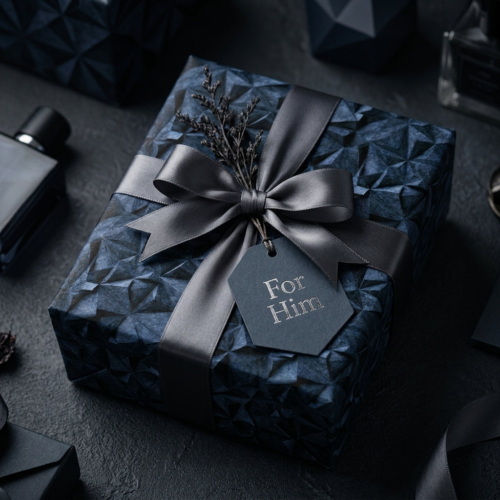 Navy geometric wrapping paper for him with grey satin ribbon and 'For Him' tag by Wrapped Studios.