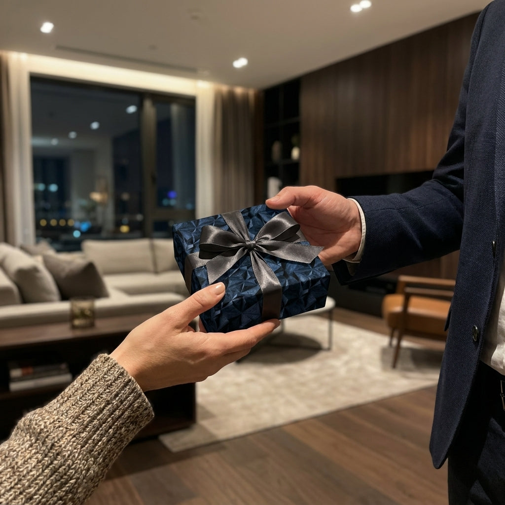 Man giving luxury navy blue geometric wrapping paper gift box with satin bow, by Wrapped Studios.