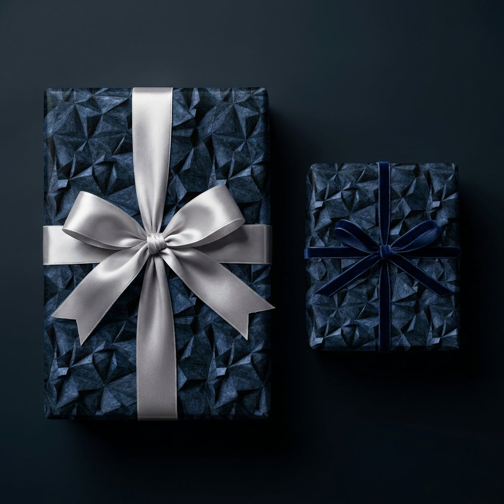 Luxury navy geometric wrapping paper with silver satin and blue velvet bows by Wrapped Studios.