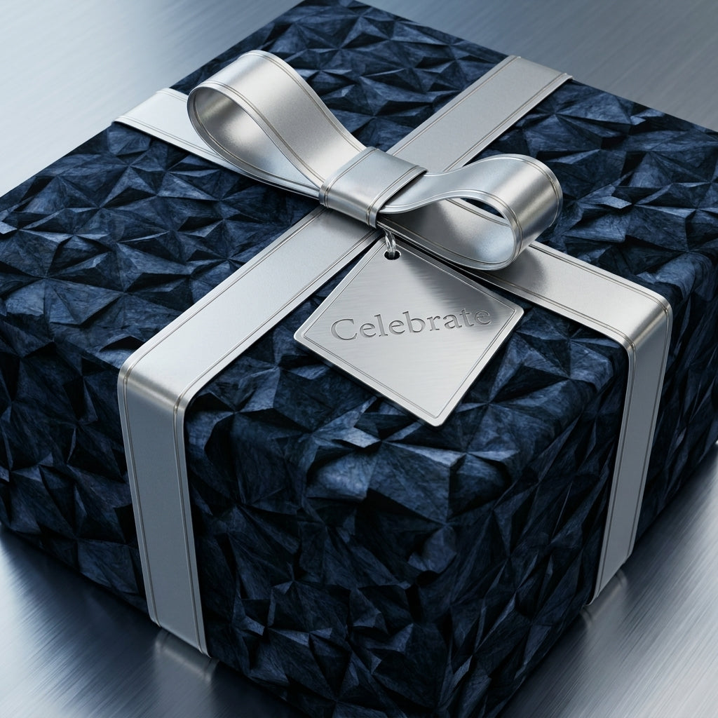 Luxury navy geometric wrapping paper with silver ribbon and Celebrate tag by Wrapped Studios.