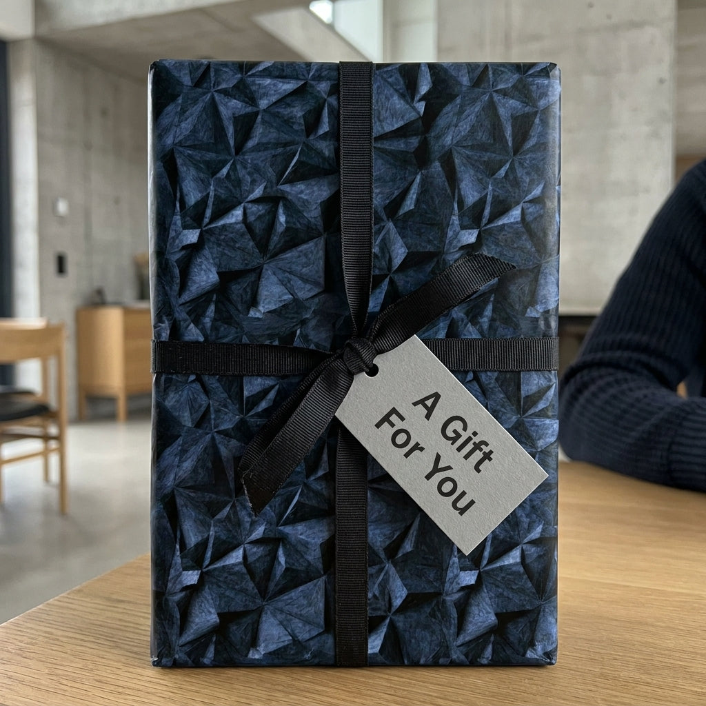 Luxury dark blue geometric wrapping paper with black ribbon and "A Gift For You" tag by Wrapped Studios.