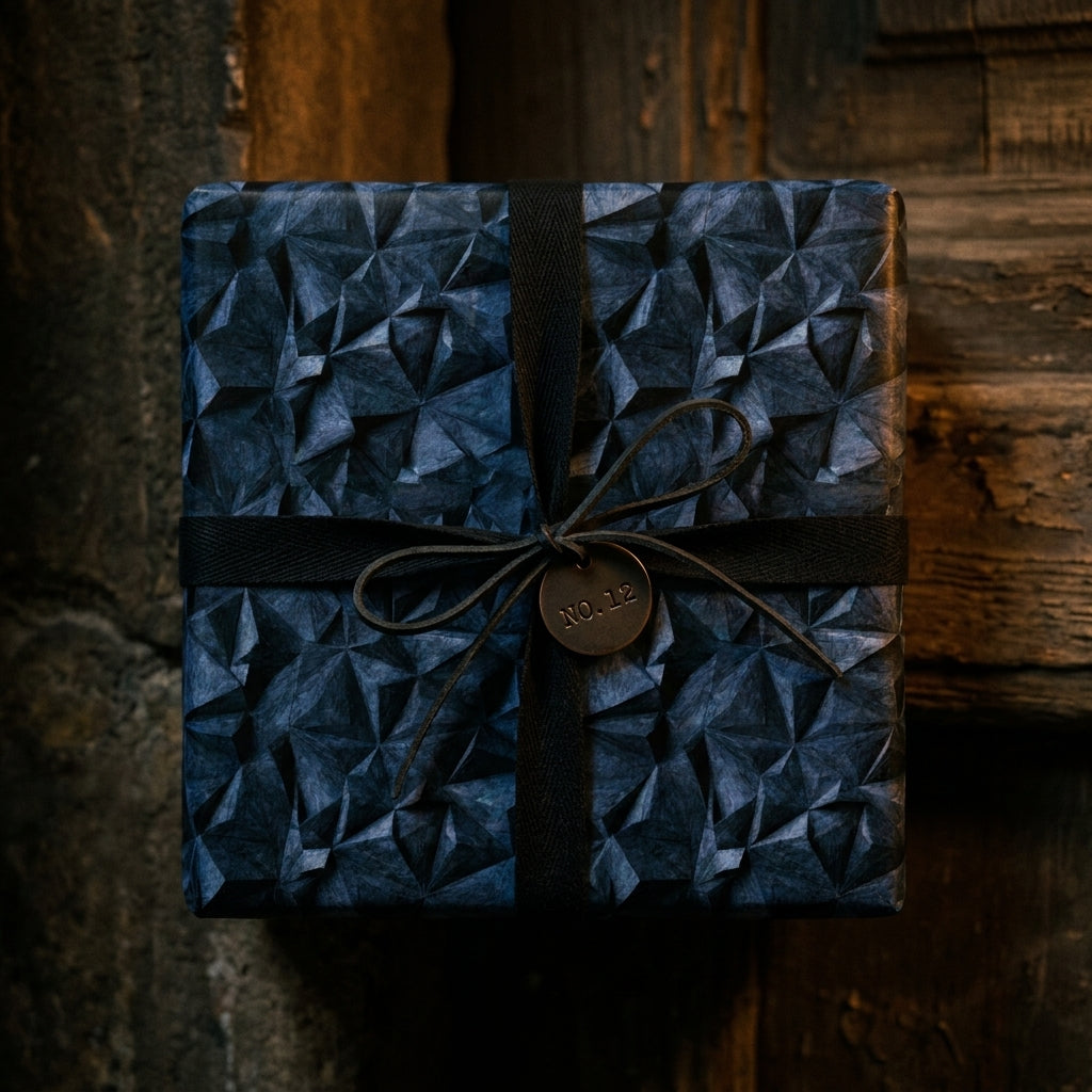 Luxury dark blue geometric wrapping paper with black ribbon on a gift box by Wrapped Studios.