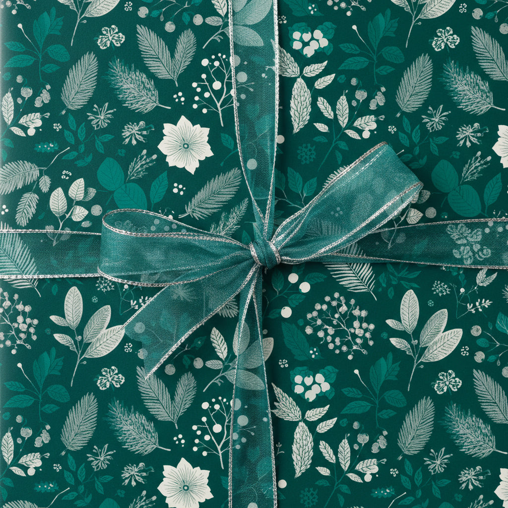 Elegant gift wrapped in dark green floral wrapping paper with a sheer ribbon and bow.
