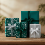 Elegant gift boxes in luxury floral wrapping paper and solid green with ribbon, perfect for Christmas or birthdays.