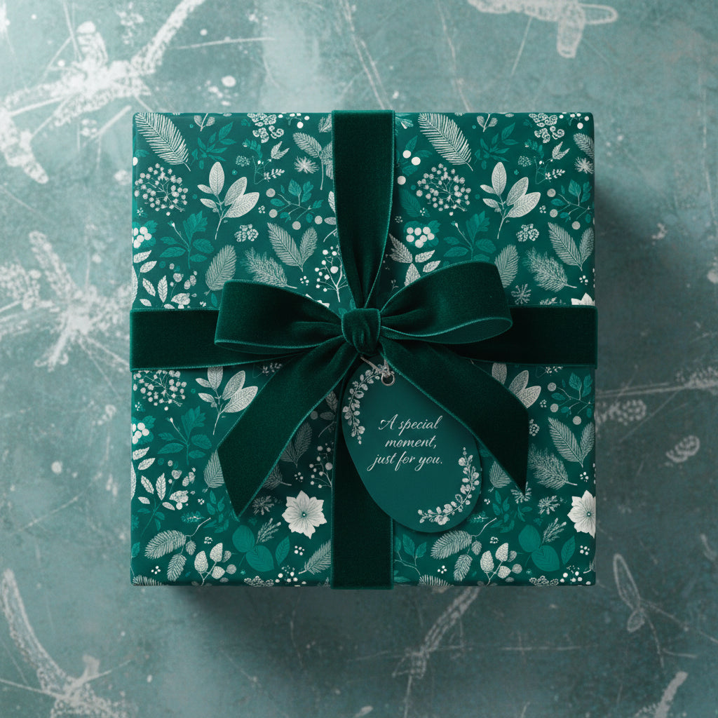Elegant emerald green floral wrapping paper with a velvet ribbon and gift tag saying "A special moment, just for you."
