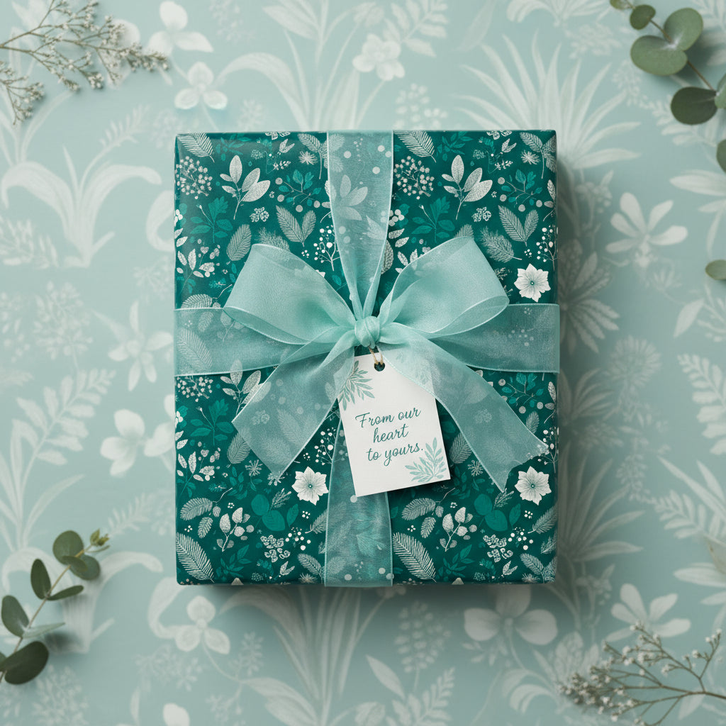 Elegant gift with teal floral wrapping paper, sheer ribbon bow, and gift tag.