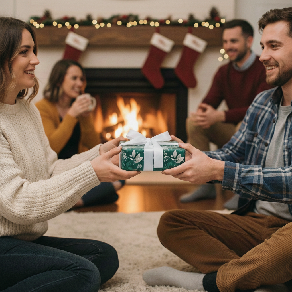 Cozy Christmas scene with people exchanging a gift wrapped in green floral wrapping paper with white bow.
