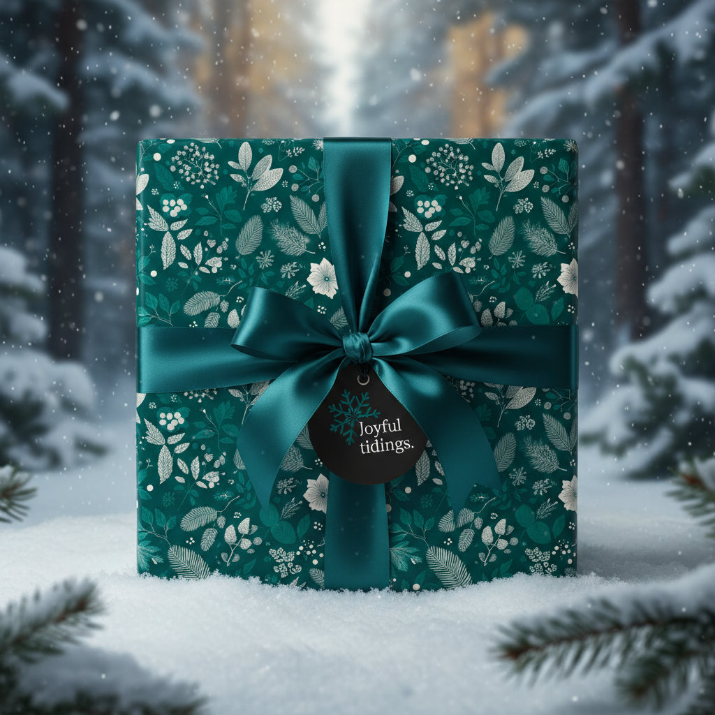 Teal floral Christmas gift wrap with matching satin ribbon and "Joyful tidings" tag on snowy forest background.