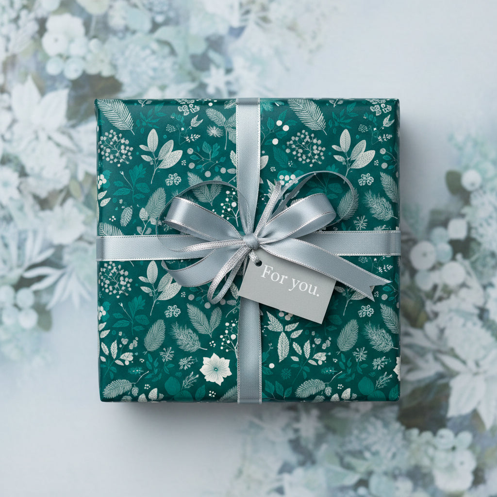 Teal floral wrapping paper with silver ribbon and "For you" tag, suitable for elegant Christmas or birthday gifts.