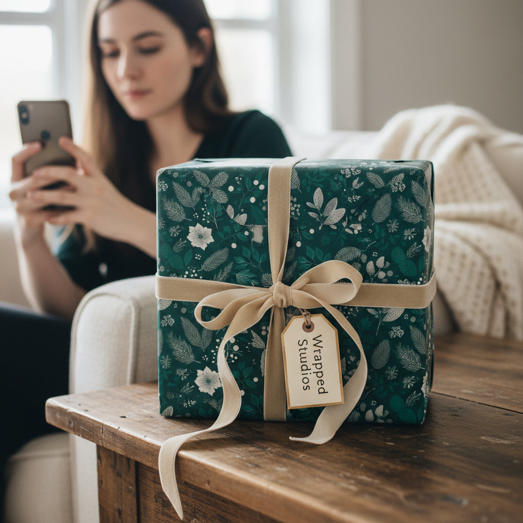 Elegant gift wrapped in dark green floral wrapping paper with gold ribbon and tag.