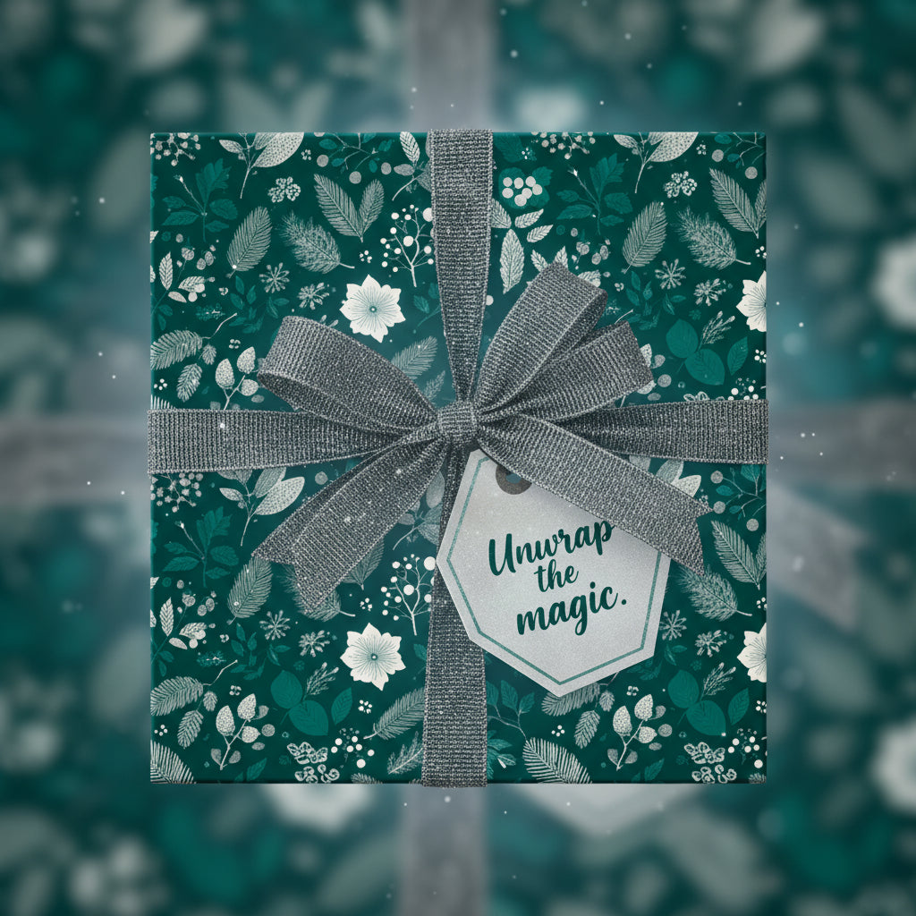 Teal Christmas gift wrapped in floral wrapping paper with silver ribbon and a gift tag.