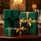 Elegant green floral wrapping paper with velvet and gold ribbons, perfect for luxury Christmas or birthday gift wrap.