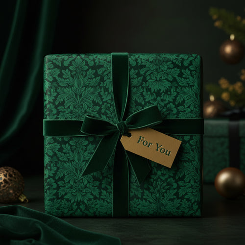 Elegant Christmas gift wrapped in green floral paper with velvet ribbon and "For You" tag.