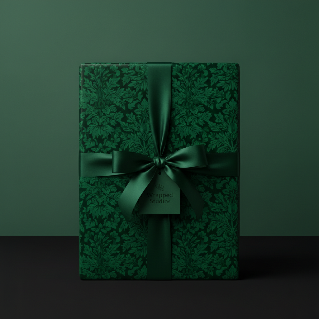 Elegant, forest green gift box wrapped in floral wrapping paper with a matching satin ribbon bow.