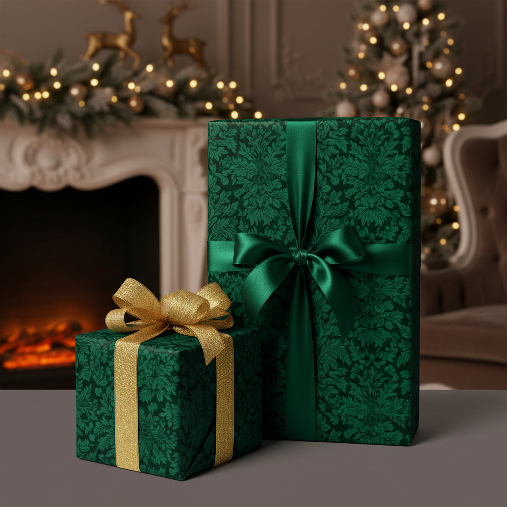 Elegant Christmas gifts wrapped in green floral wrapping paper with satin and glitter ribbons, near a fireplace.