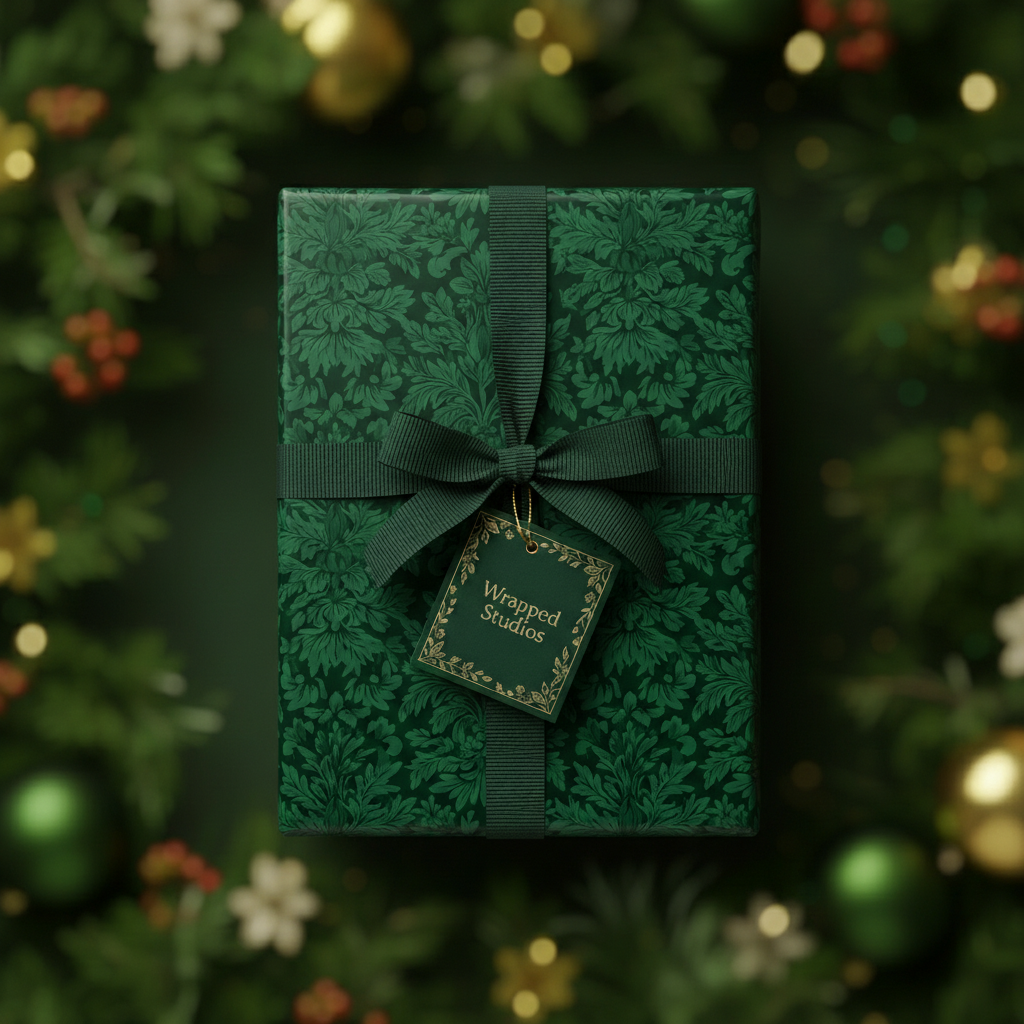 Elegant Christmas gift wrapped in deep green floral paper with a matching bow and tag.