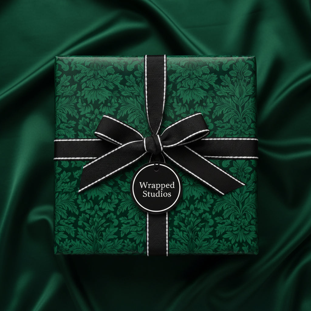 Elegant square gift wrapped in green floral paper with black ribbon bow on luxurious satin.