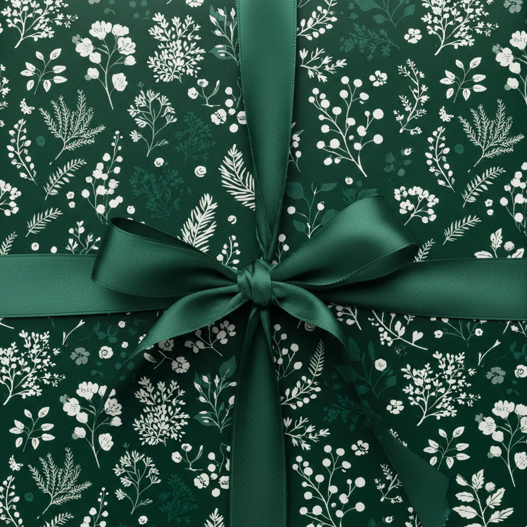 Close-up of a gift wrapped in elegant, dark green floral wrapping paper, tied with a matching green satin ribbon.