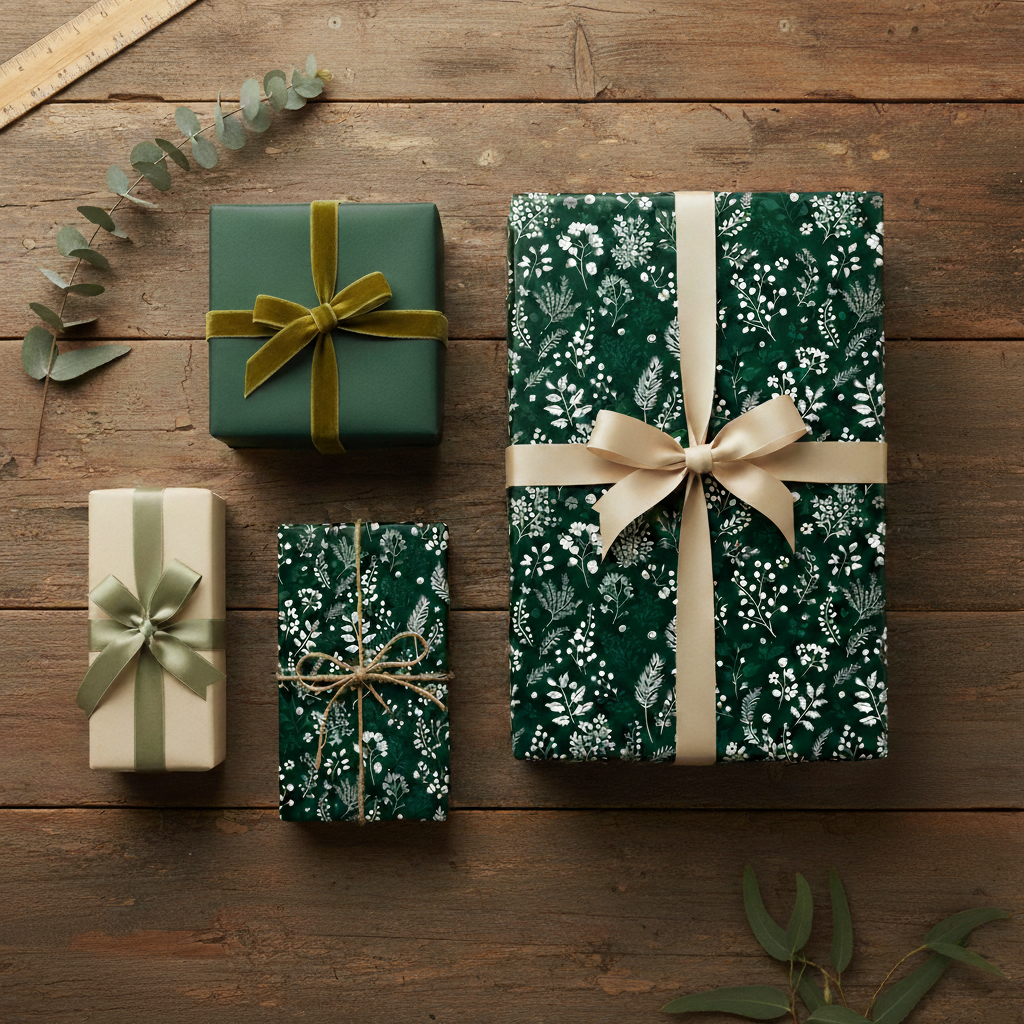 Elegant green floral wrapping paper with gold ribbon, perfect for Christmas or any special occasion gift.