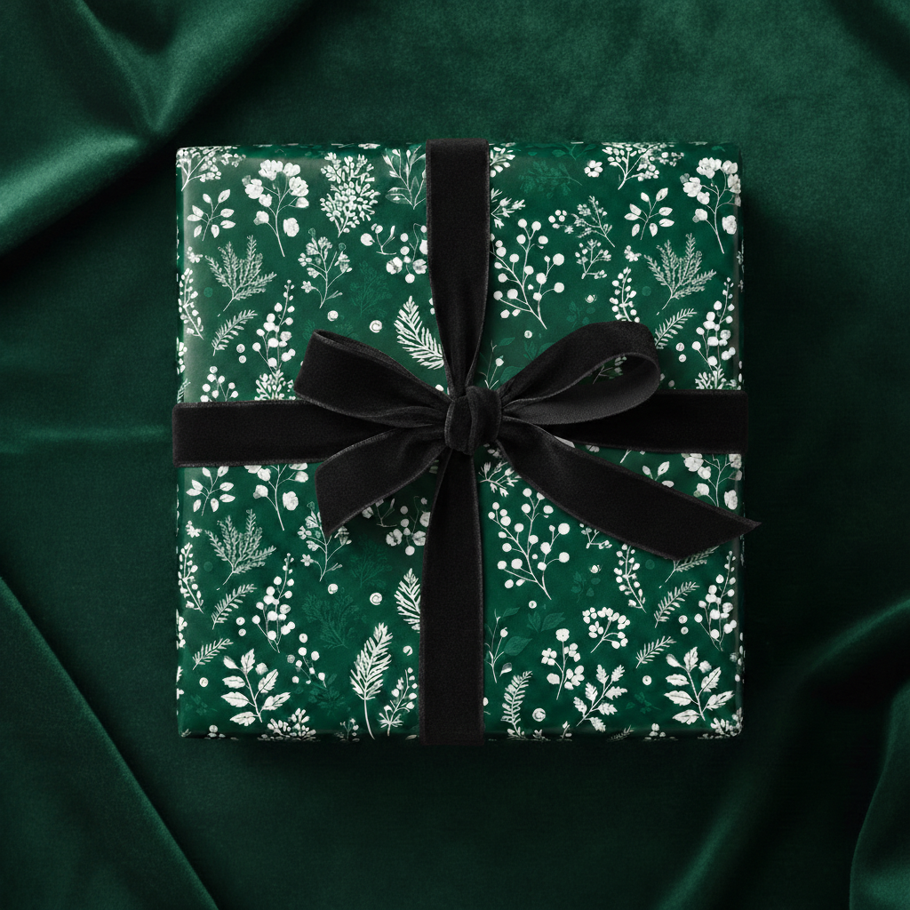 Elegant gift wrapped in green floral wrapping paper with black velvet ribbon, perfect for Christmas or a birthday.