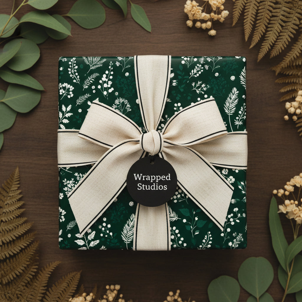 Dark green floral wrapping paper with natural ribbon and foliage.