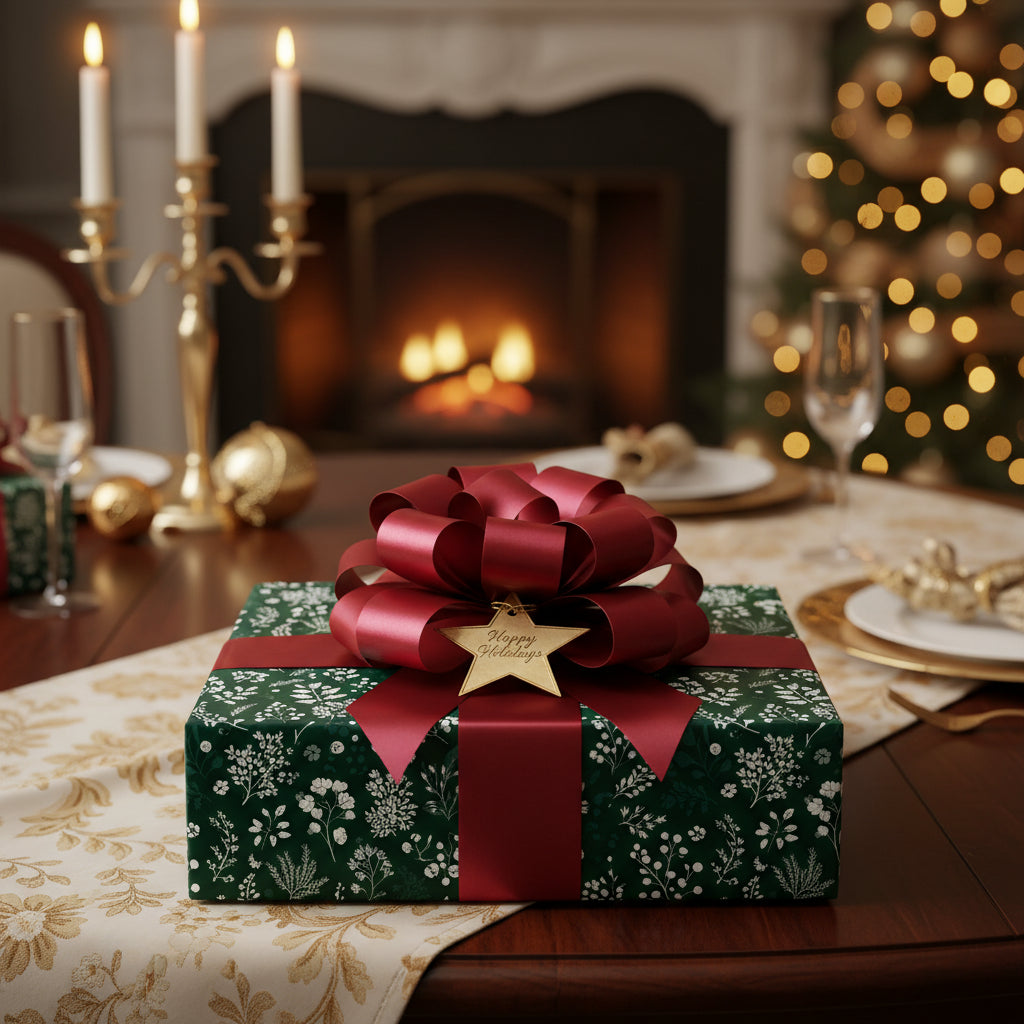 Elegant Christmas gift wrapped in green floral wrapping paper with a red satin bow and "Happy Holidays" tag.
