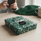 Dark green floral wrapping paper on a gift box, tied with simple twine, sits on a light-colored table.