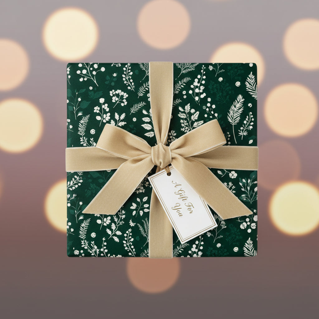 Square gift wrapped in dark green floral wrapping paper with gold ribbon.
