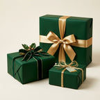 Elegant dark green Christmas presents wrapped with gold ribbon, velvet bow, and festive holly.