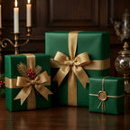Elegant emerald green gift boxes wrapped in gold ribbon for Christmas, birthdays, and special occasions.