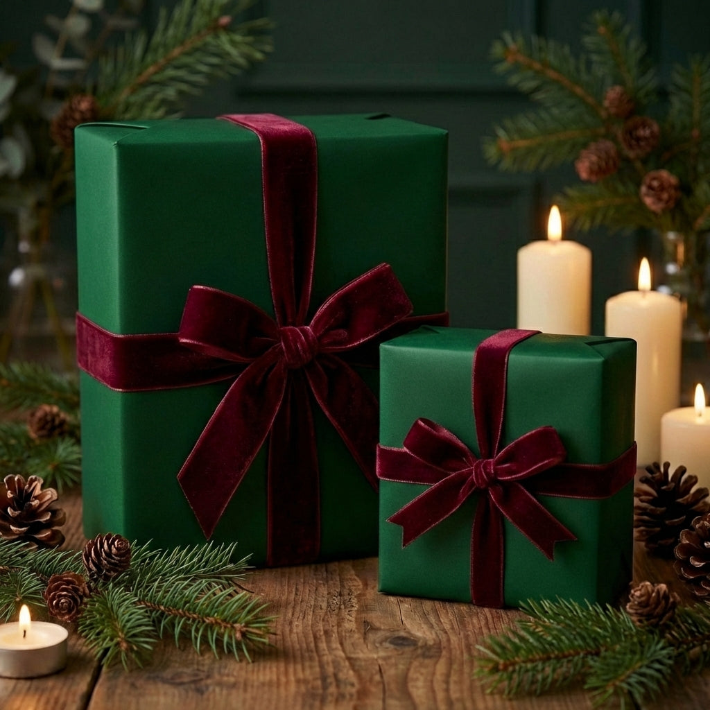 Elegant emerald green Christmas gift wrap with burgundy velvet ribbon on wood table.