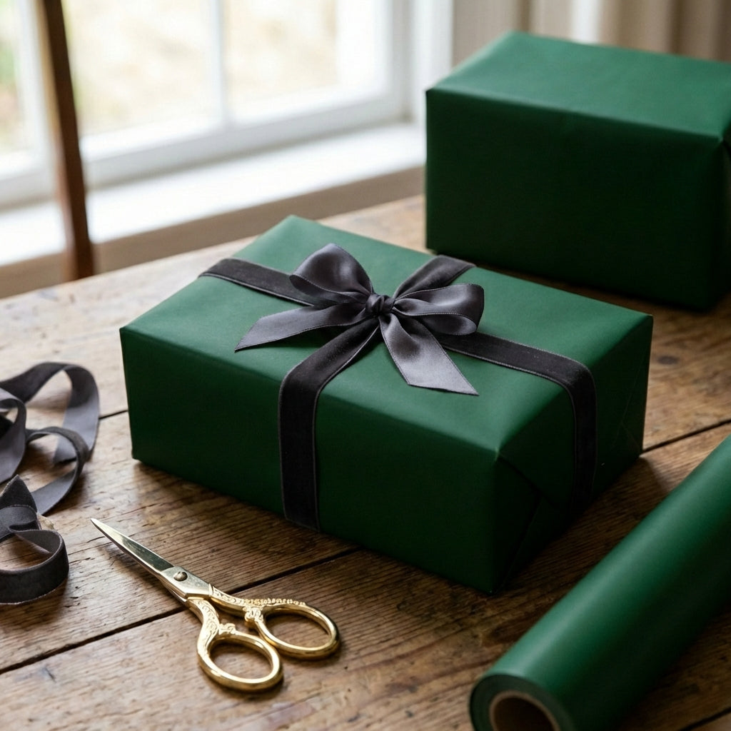 Elegant dark green wrapping paper with a gray velvet ribbon on a wrapped gift box.