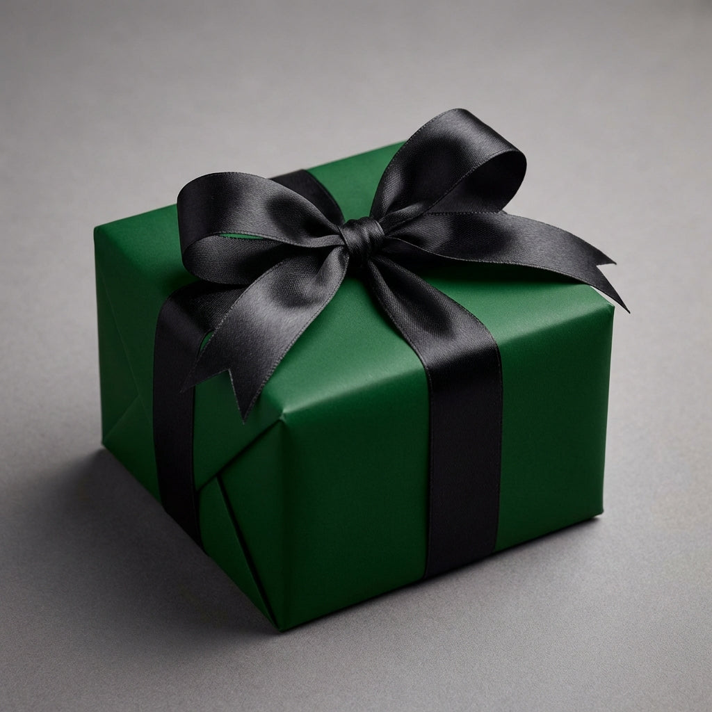 Emerald green gift wrap with black satin ribbon bow on a square present box.