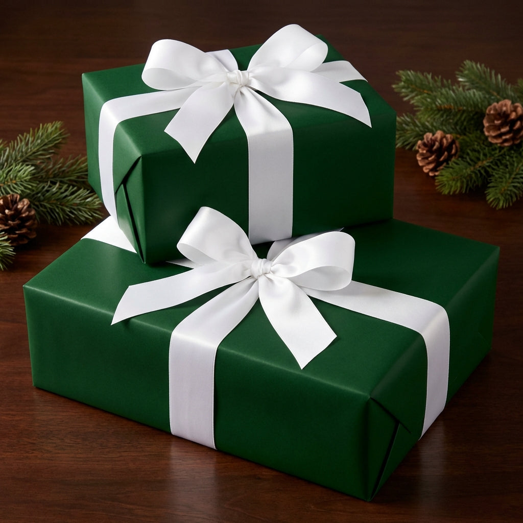 Two gifts wrapped in green paper with white ribbon bows, ideal for Christmas presents or holiday gift-giving.