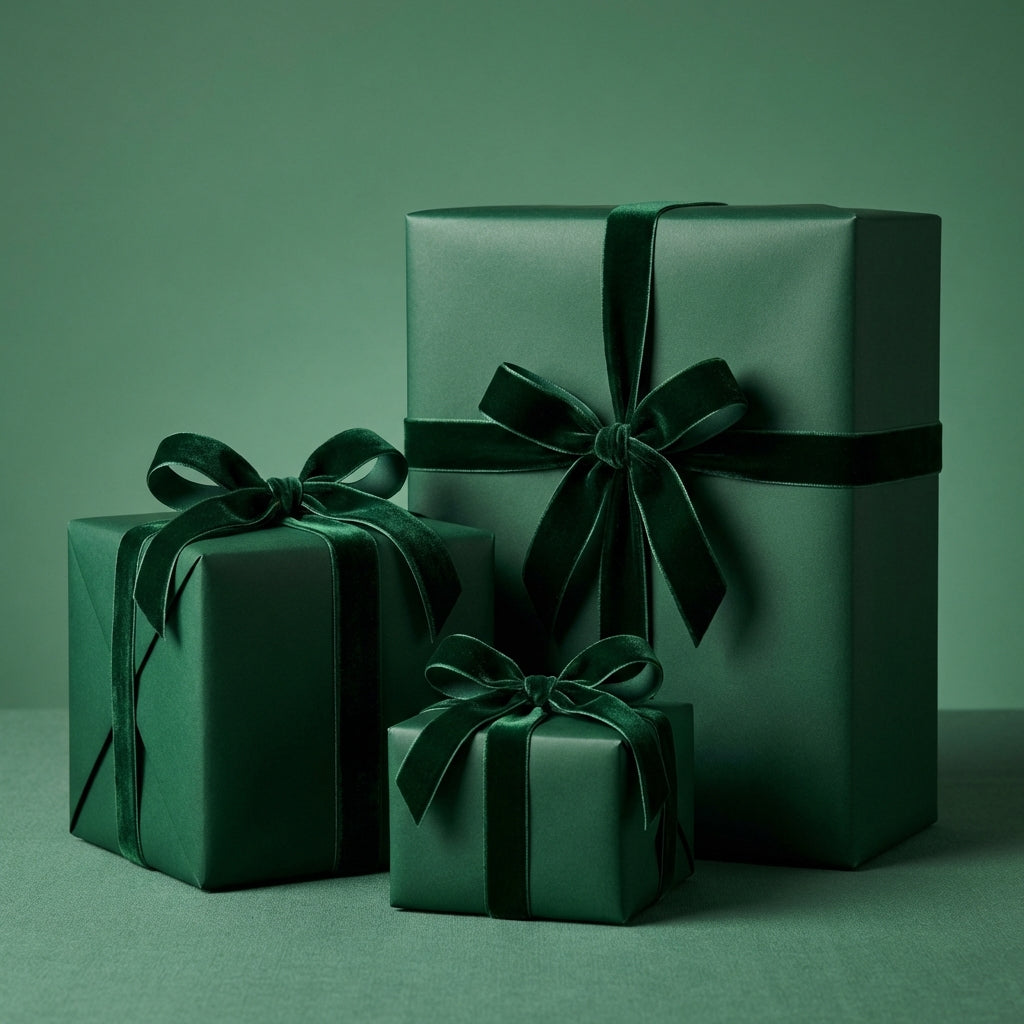 Three square gifts wrapped in green paper with velvet ribbon; elegant birthday wrapping paper.