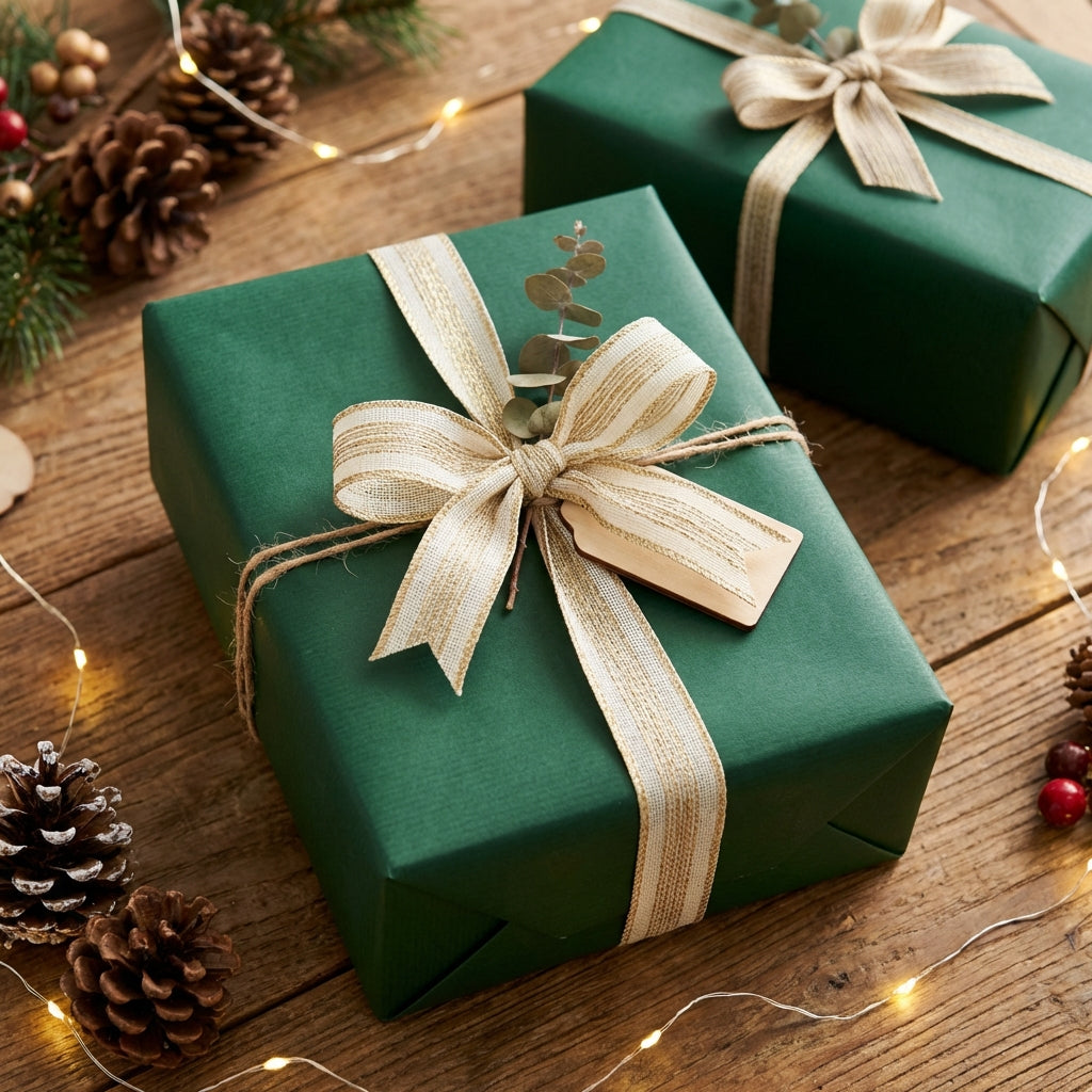 Elegant dark green wrapping paper with gold ribbon and gift tag, ideal for Christmas, birthday, or special occasion gifts.
