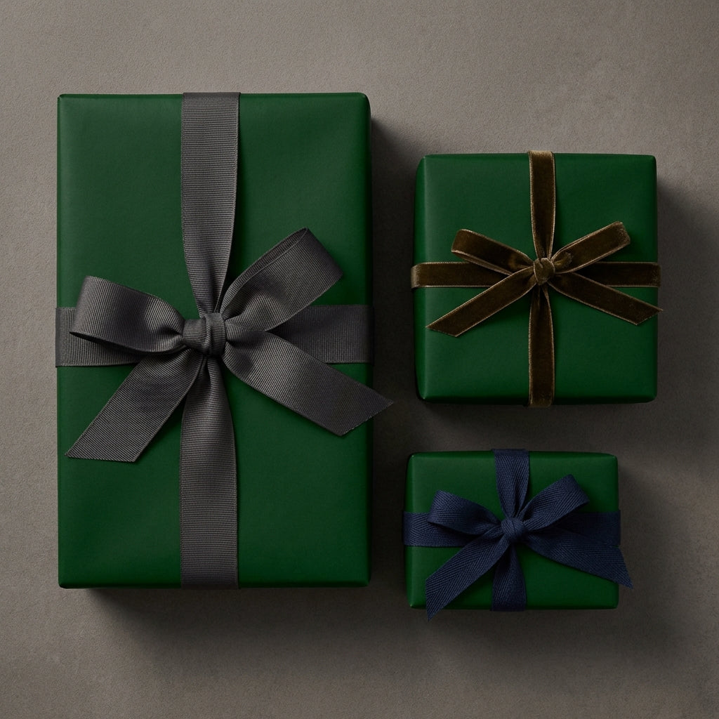 Three elegant gifts wrapped in emerald green wrapping paper with velvet and grosgrain ribbon.
