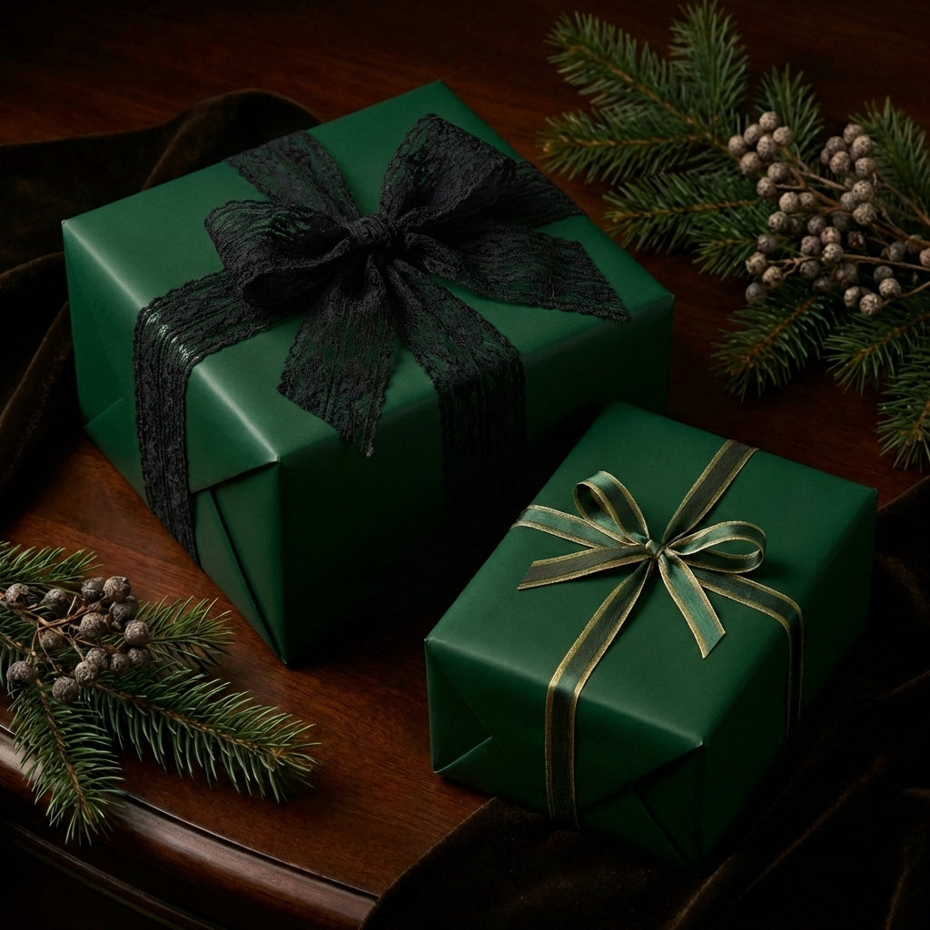 Elegant green gift wrapping paper with black lace and gold ribbon for Christmas or birthday presents.