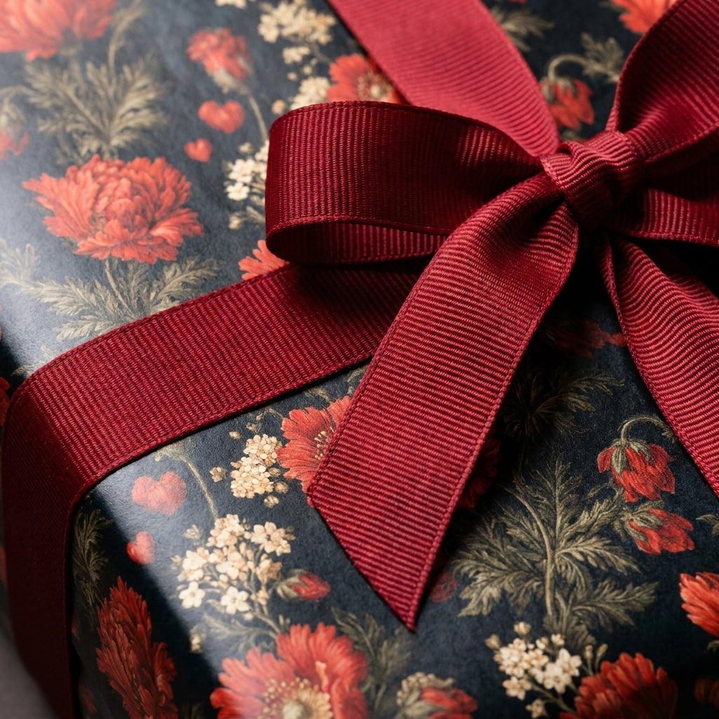 Luxury dark vintage floral wrapping paper with a burgundy ribbon bow, by Wrapped Studios.